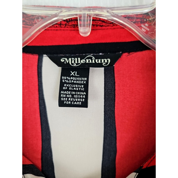 Millenium~Size XL~Red/Multicolor Striped Short Sleeve Button Dress Elastic Waist - Picture 2 of 13